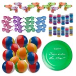 Beach Toys Assortment! 12 Shutter Shade Sunglasses 12 Squirt Guns 12 Beach Balls & 12 Bubble Bottles + BONUS 9″ Frisbee!
