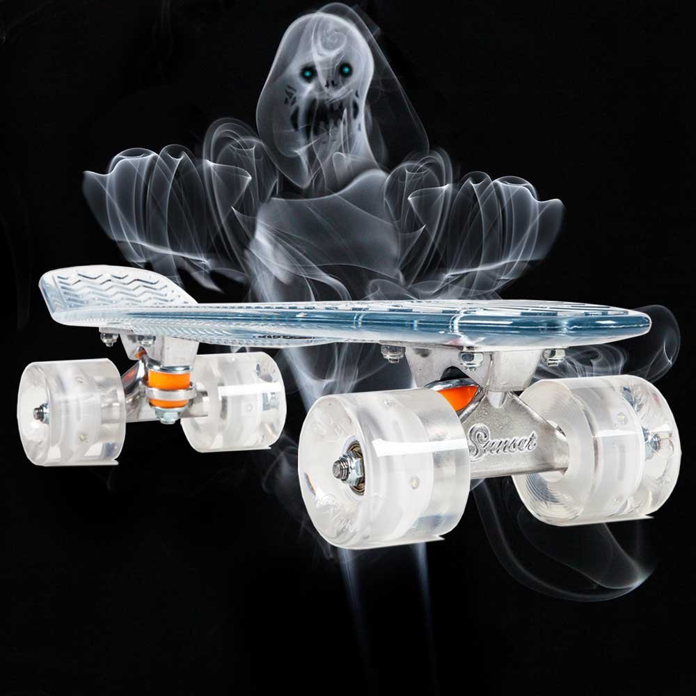 Sunset Skateboards Ghost Complete Skateboard with White Wheels, 22-Inch, Clear